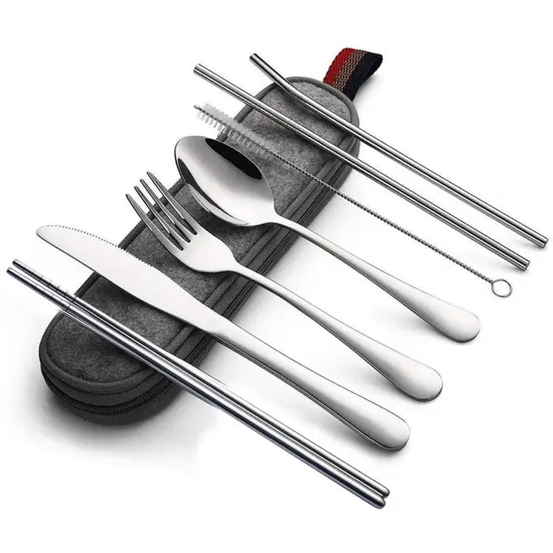 8-Piece Reusable Travel Cutlery Set - Stainless Steel Spoon, Fork, Chopsticks, Straw with Portable Case