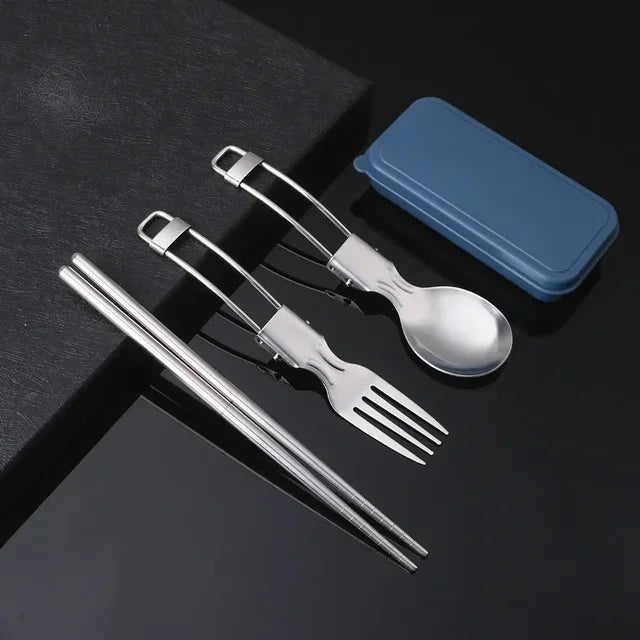 3-Piece Multifunctional Outdoor Tableware - Foldable Stainless Steel Fork, Spoon, Chopsticks for Picnic, Camping, Hiking, Traveling