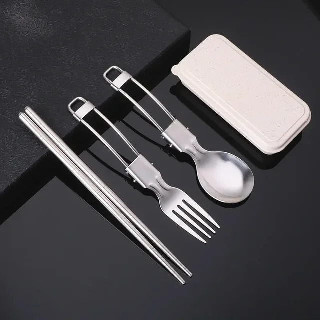 3-Piece Multifunctional Outdoor Tableware - Foldable Stainless Steel Fork, Spoon, Chopsticks for Picnic, Camping, Hiking, Traveling