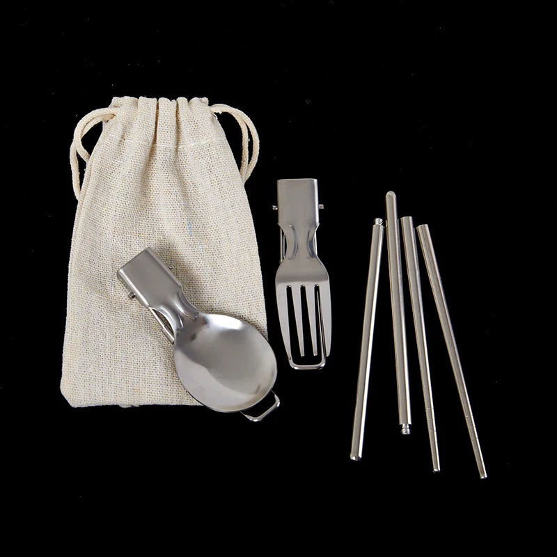 3-Piece Stainless Steel Cutlery Set - Spoon, Fork, Chopsticks with Storage Bag, Portable Tableware for Home and Camping