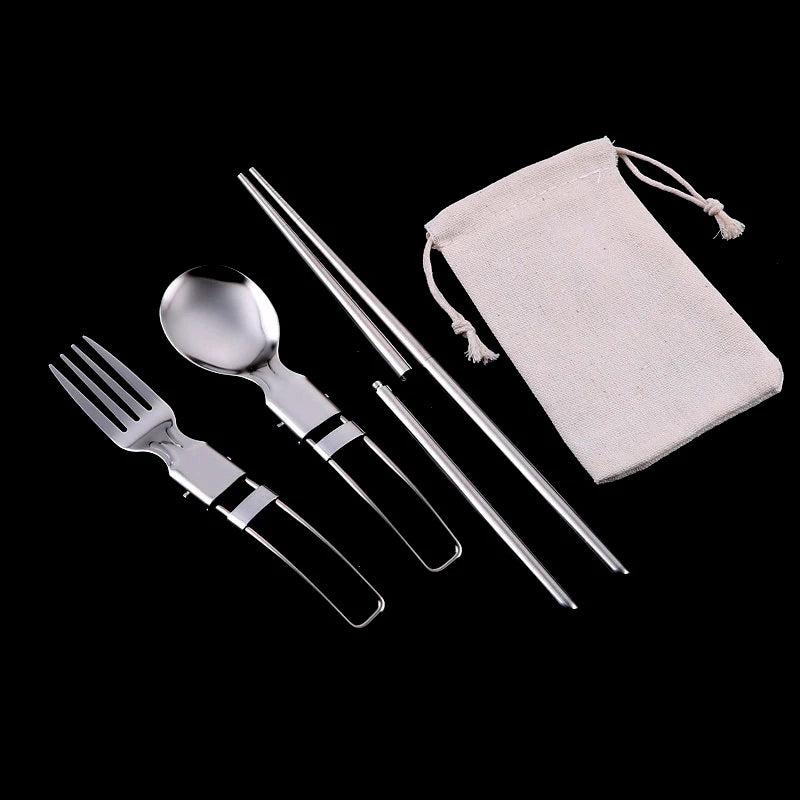 3-Piece Stainless Steel Cutlery Set - Spoon, Fork, Chopsticks with Storage Bag, Portable Tableware for Home and Camping