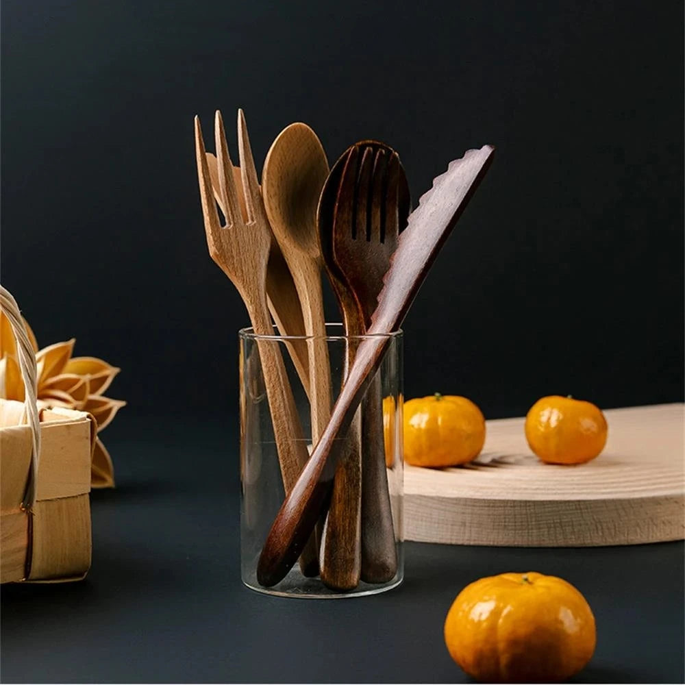 3-Piece Portable Wooden Cutlery Set - Reusable Eco-Friendly Spoon, Fork, Knife with Travel Case