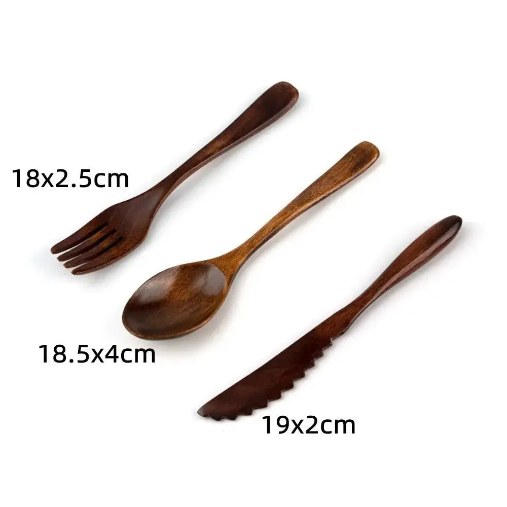 3-Piece Portable Wooden Cutlery Set - Reusable Eco-Friendly Spoon, Fork, Knife with Travel Case