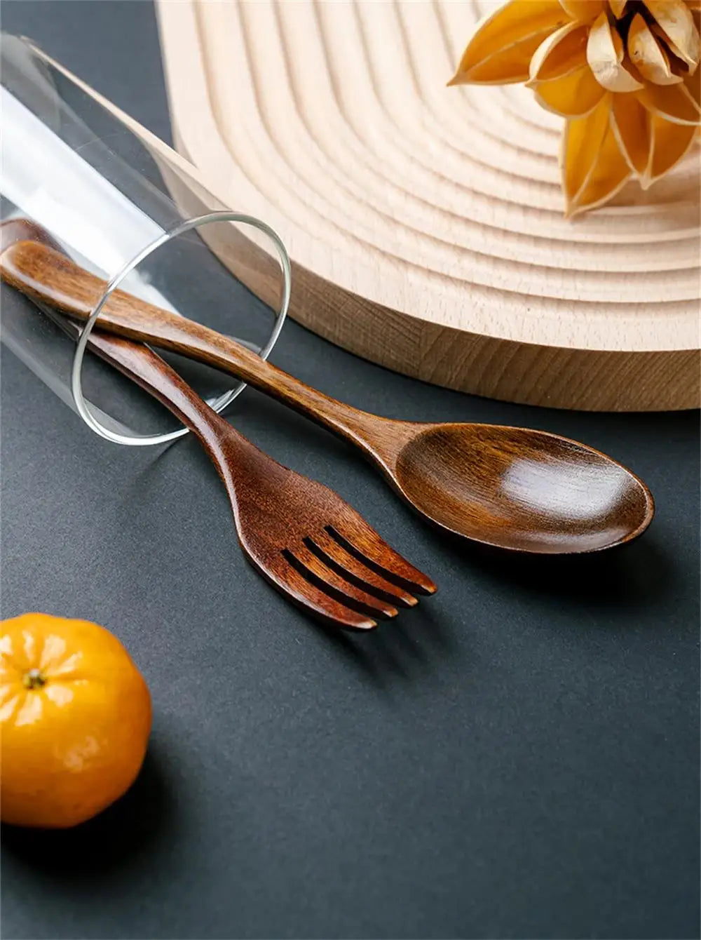 3-Piece Portable Wooden Cutlery Set - Reusable Eco-Friendly Spoon, Fork, Knife with Travel Case