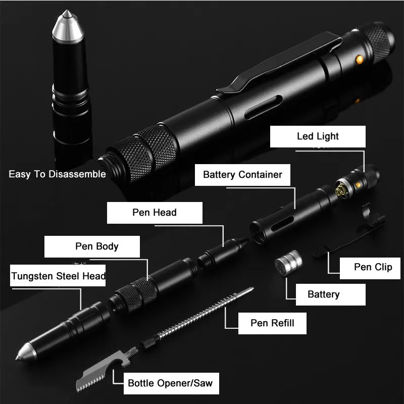 4-in-1 Tactical Pen - Portable Flashlight, Bottle Opener, Emergency Glass Breaker, and Self-Defense Tool, Gift Box Included