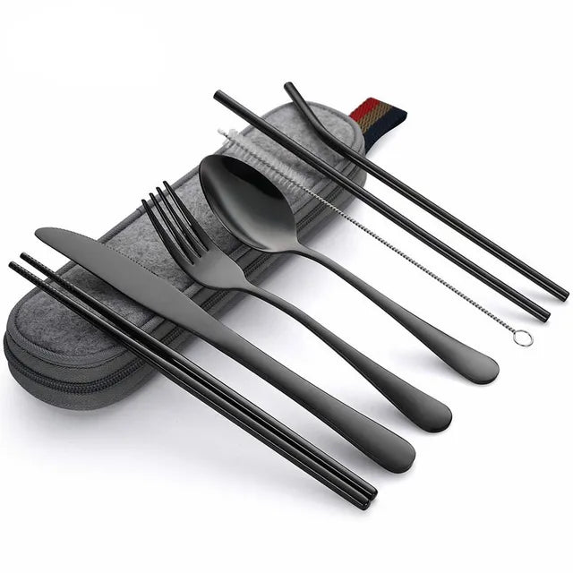 8-Piece Reusable Travel Cutlery Set - Stainless Steel Spoon, Fork, Chopsticks, Straw with Portable Case