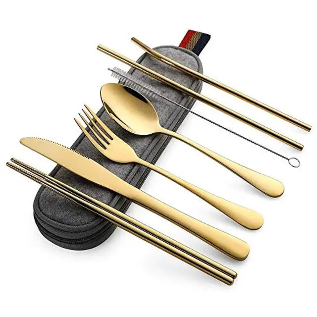 8-Piece Reusable Travel Cutlery Set - Stainless Steel Spoon, Fork, Chopsticks, Straw with Portable Case