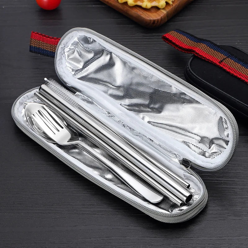 8-Piece Reusable Travel Cutlery Set - Stainless Steel Spoon, Fork, Chopsticks, Straw with Portable Case