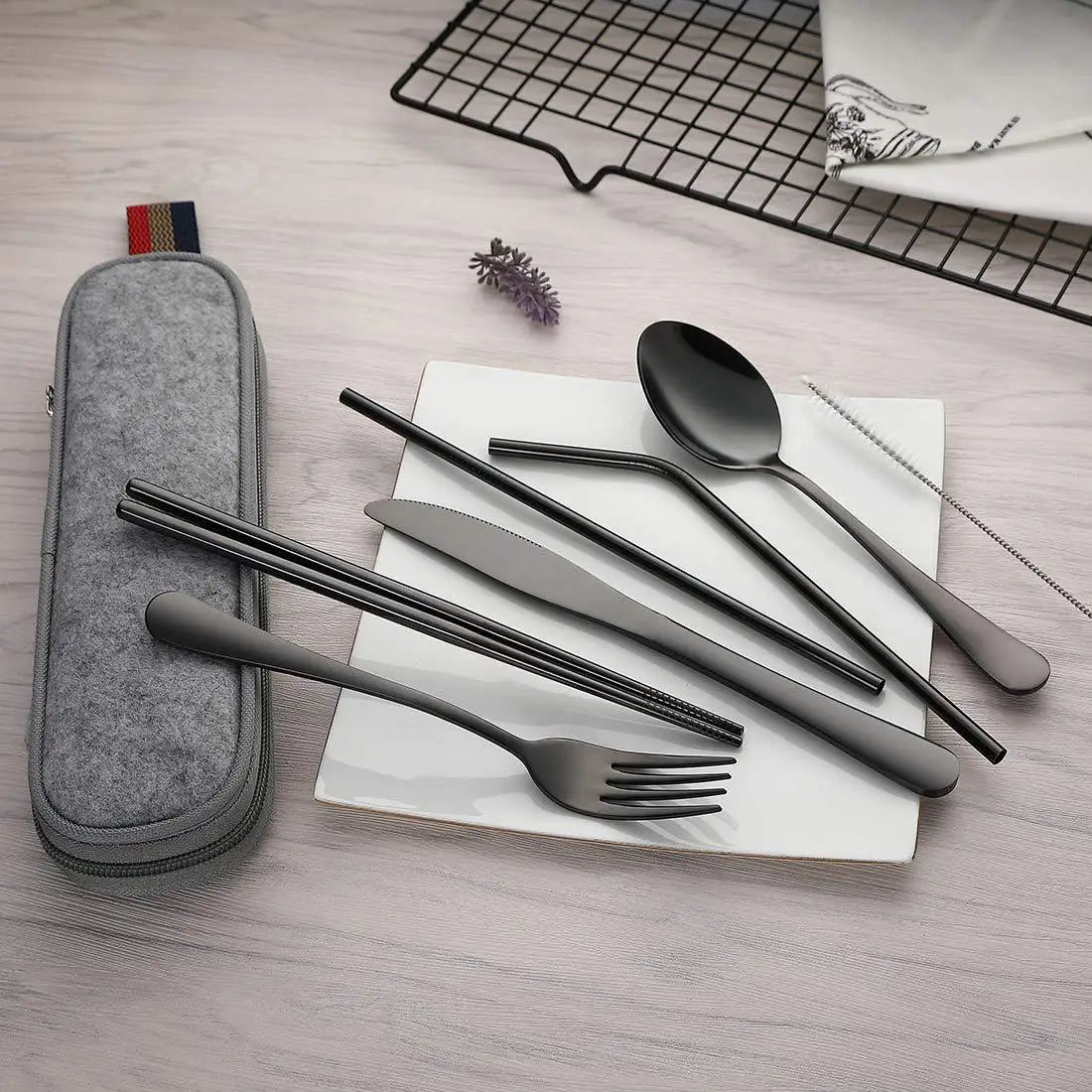 8-Piece Reusable Travel Cutlery Set - Stainless Steel Spoon, Fork, Chopsticks, Straw with Portable Case