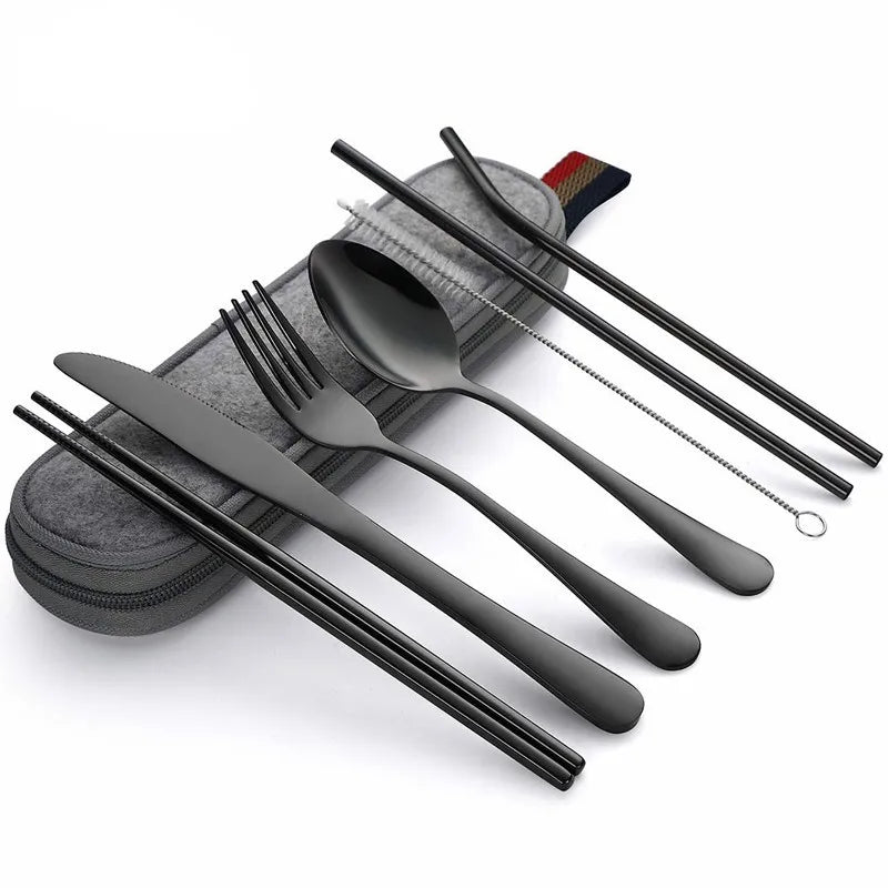 8-Piece Reusable Travel Cutlery Set - Stainless Steel Spoon, Fork, Chopsticks, Straw with Portable Case