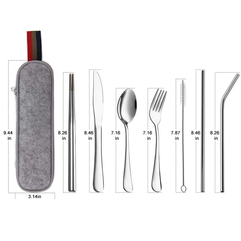 8-Piece Reusable Travel Cutlery Set - Stainless Steel Spoon, Fork, Chopsticks, Straw with Portable Case