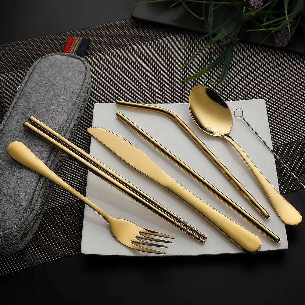 8-Piece Reusable Travel Cutlery Set - Stainless Steel Spoon, Fork, Chopsticks, Straw with Portable Case