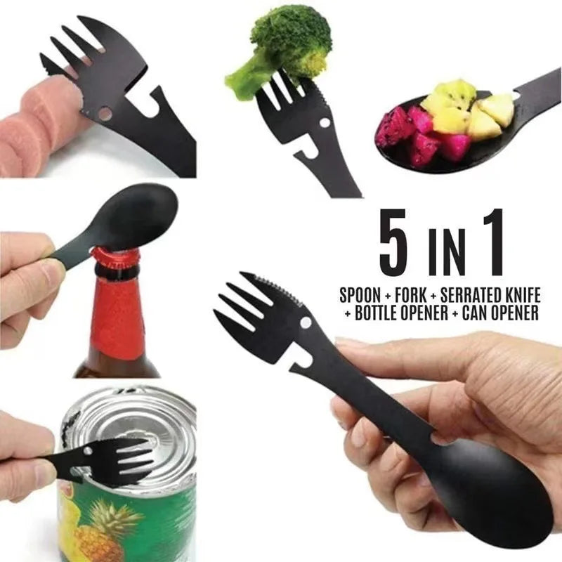 Outdoor Survival Tools 5 in 1 Camping Multi-Functional EDC Kit Practical Fork Knife Spoon Bottle/Can Opener Camping Hiking Gear