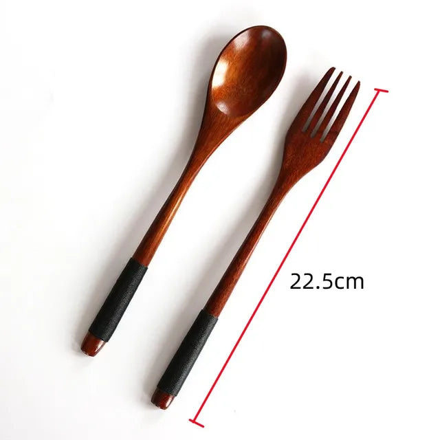 Wooden Spoon Fork Chopsticks Set - Japanese Style Reusable Travel Cutlery with Storage Bag