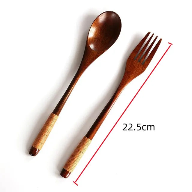 Wooden Spoon Fork Chopsticks Set - Japanese Style Reusable Travel Cutlery with Storage Bag