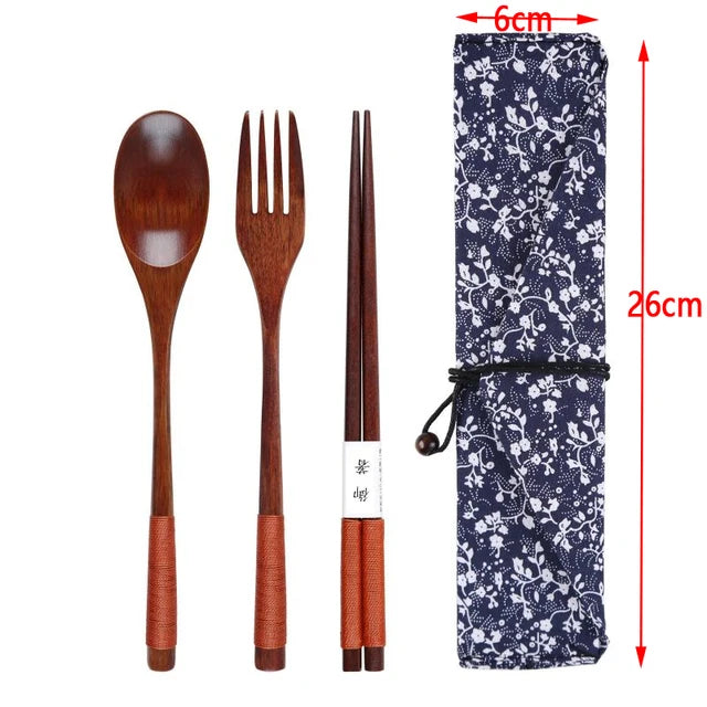 Wooden Spoon Fork Chopsticks Set - Japanese Style Reusable Travel Cutlery with Storage Bag