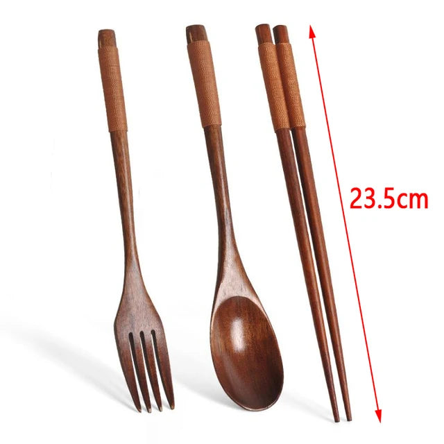 Wooden Spoon Fork Chopsticks Set - Japanese Style Reusable Travel Cutlery with Storage Bag