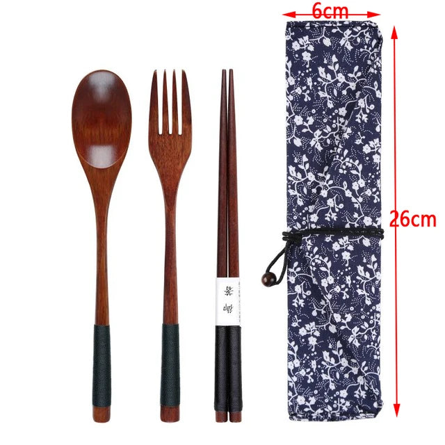 Wooden Spoon Fork Chopsticks Set - Japanese Style Reusable Travel Cutlery with Storage Bag