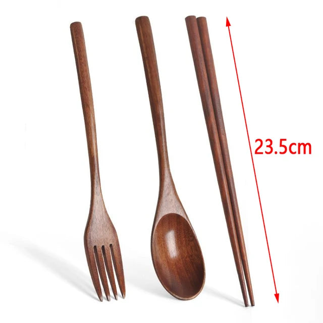 Wooden Spoon Fork Chopsticks Set - Japanese Style Reusable Travel Cutlery with Storage Bag