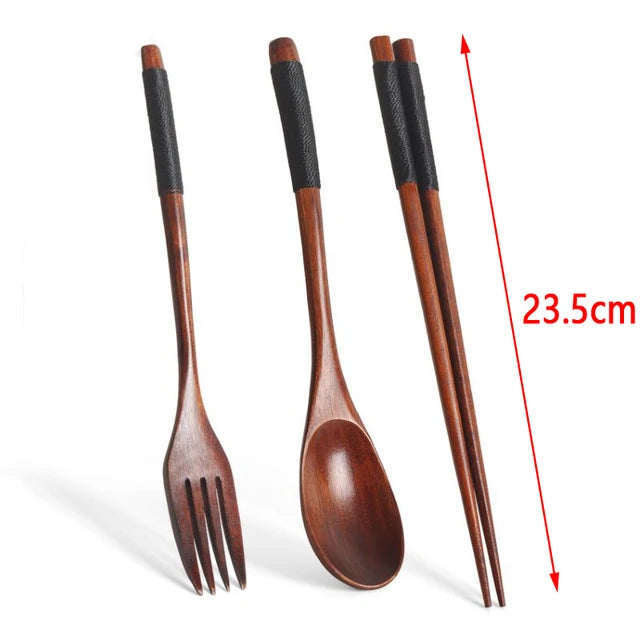 Wooden Spoon Fork Chopsticks Set - Japanese Style Reusable Travel Cutlery with Storage Bag