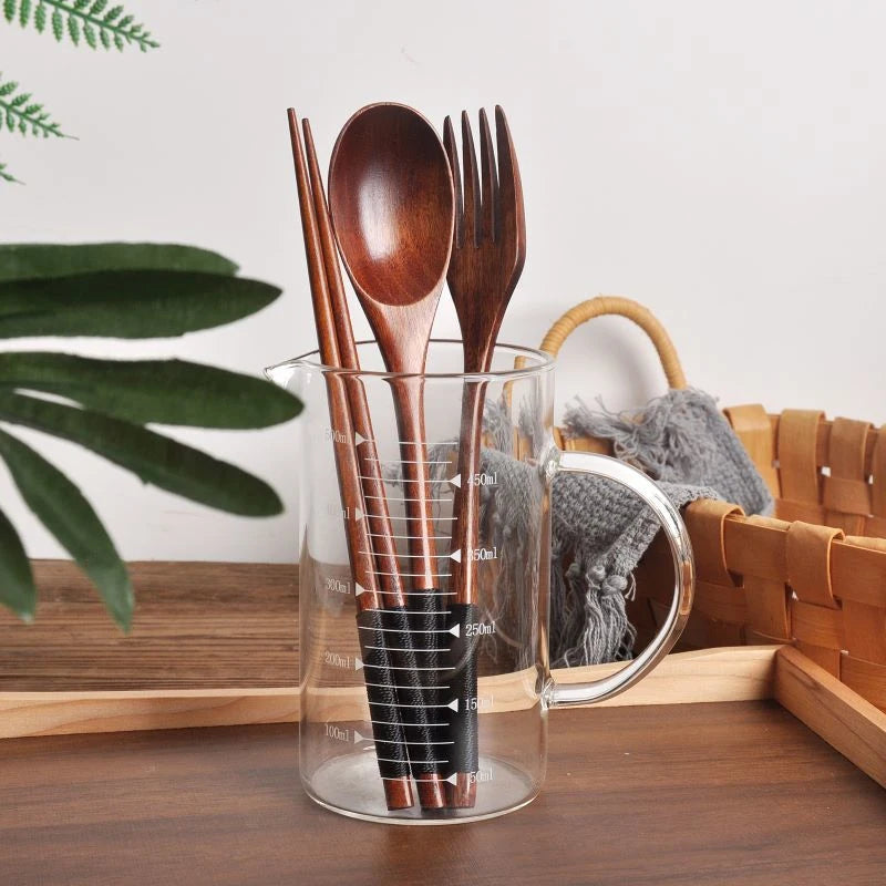 Wooden Spoon Fork Chopsticks Set - Japanese Style Reusable Travel Cutlery with Storage Bag