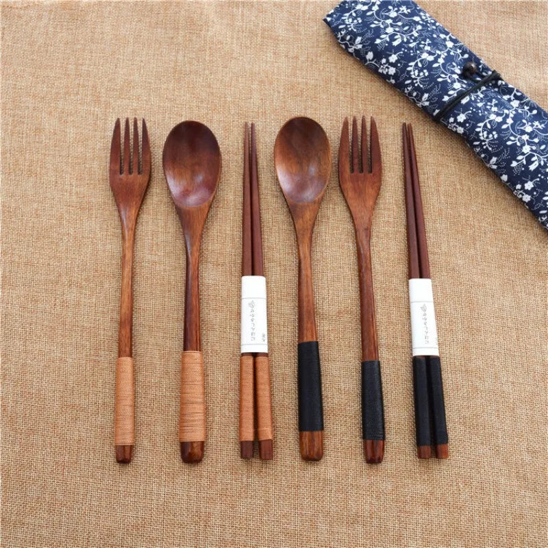 Wooden Spoon Fork Chopsticks Set - Japanese Style Reusable Travel Cutlery with Storage Bag