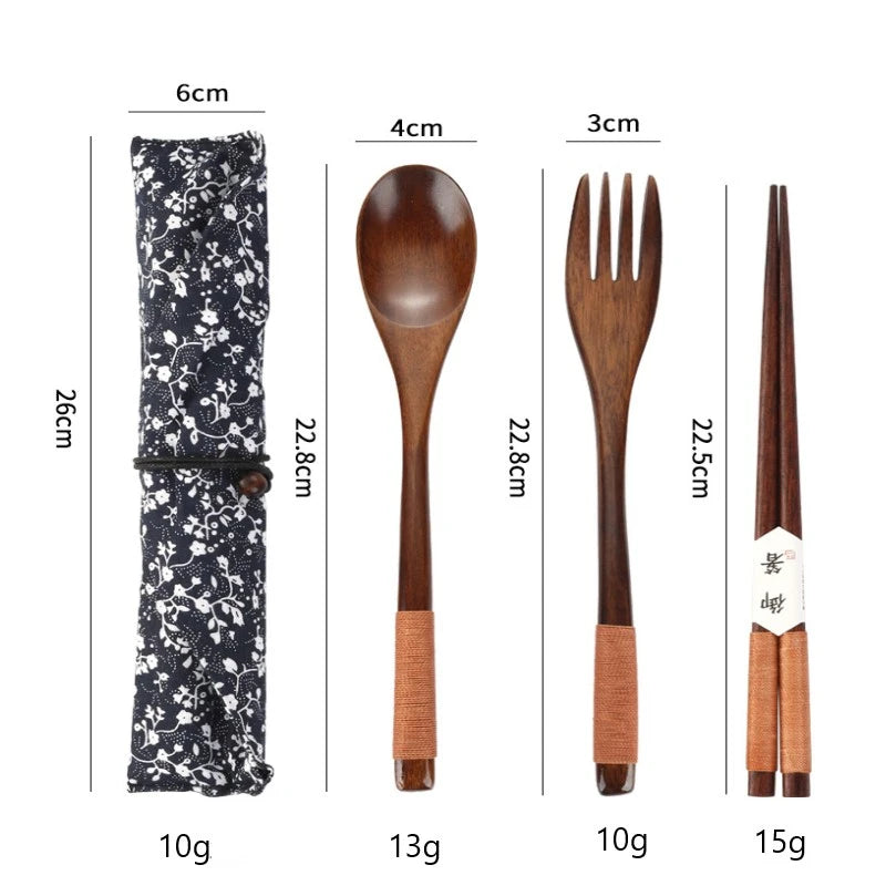 Wooden Spoon Fork Chopsticks Set - Japanese Style Reusable Travel Cutlery with Storage Bag